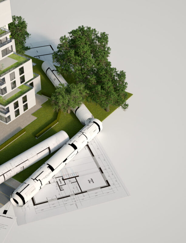 3d,Rendering,Of,A,Sustainable,Building,Architecture,Model,With,Blueprints,